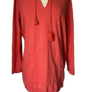 J. Jill Coral Red V-Neck Hooded Pullover with Tassels